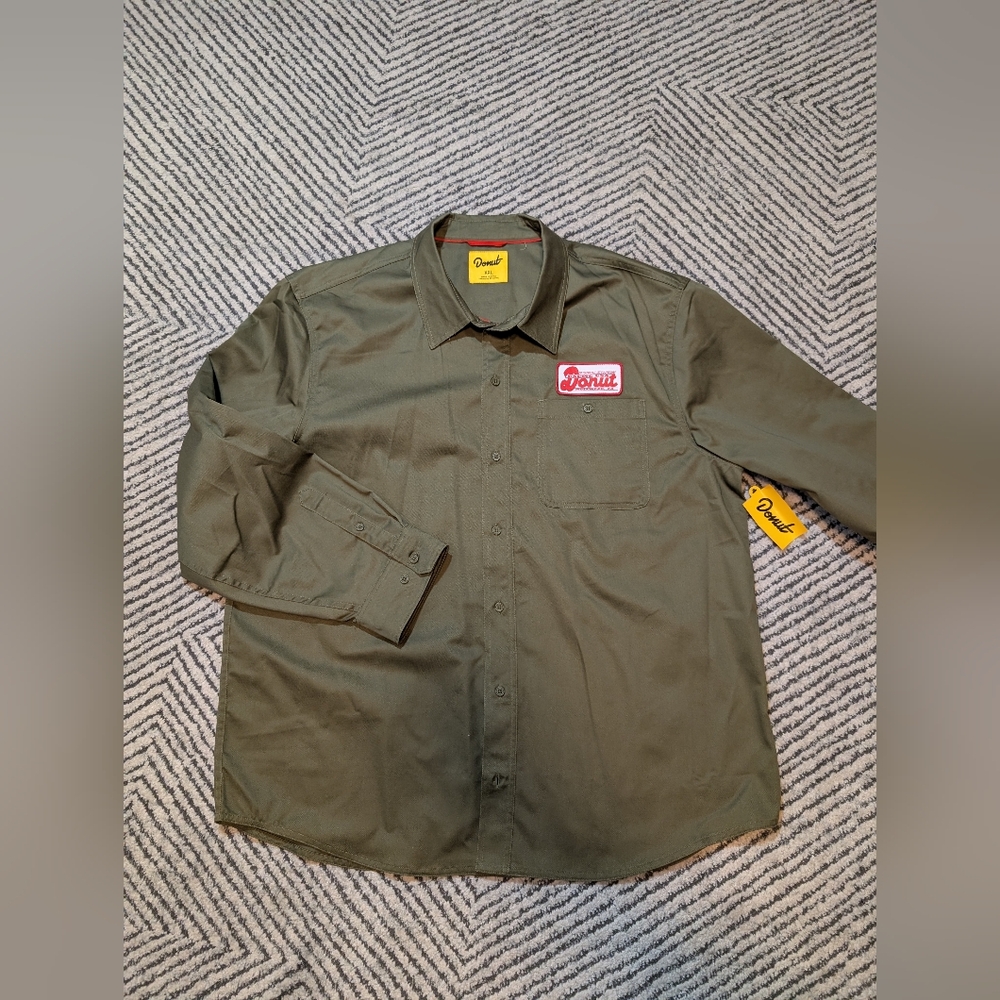 Donut Racing Green Button-Up Work Shirt with Patch And Back Graphic